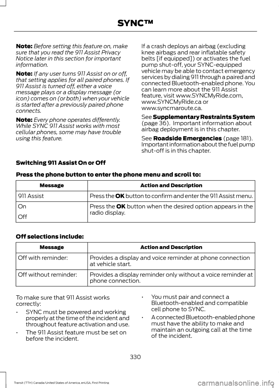 FORD TRANSIT 2016 5.G Owners Manual Note:
Before setting this feature on, make
sure that you read the 911 Assist Privacy
Notice later in this section for important
information.
Note: If any user turns 911 Assist on or off,
that setting FORD TRANSIT 2016 5.G Owners Manual Note:
Before setting this feature on, make
sure that you read the 911 Assist Privacy
Notice later in this section for important
information.
Note: If any user turns 911 Assist on or off,
that setting