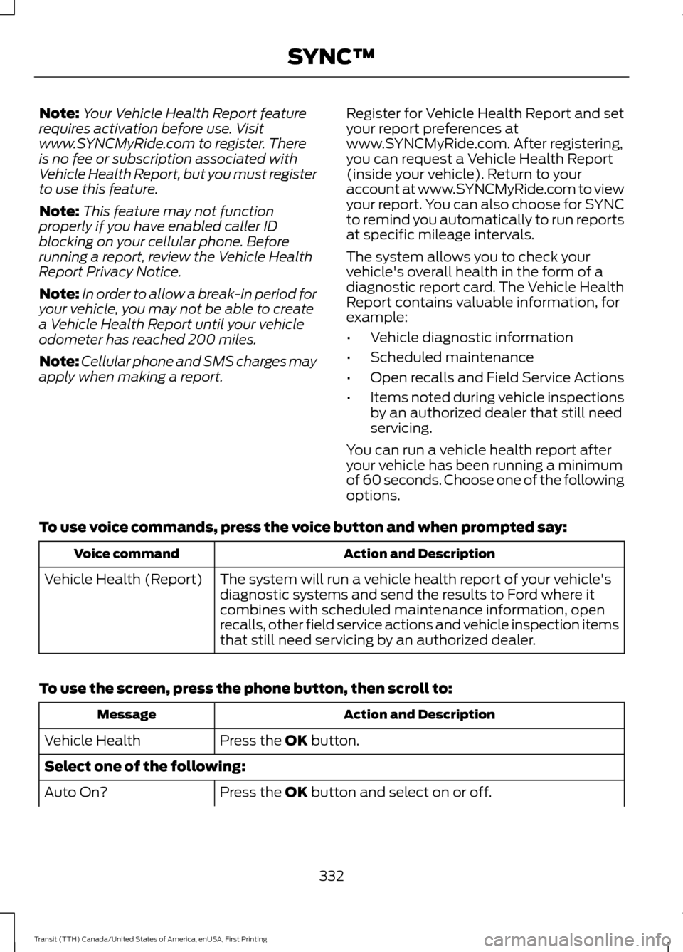 FORD TRANSIT 2016 5.G Owners Manual Note:
Your Vehicle Health Report feature
requires activation before use. Visit
www.SYNCMyRide.com to register. There
is no fee or subscription associated with
Vehicle Health Report, but you must regis FORD TRANSIT 2016 5.G Owners Manual Note:
Your Vehicle Health Report feature
requires activation before use. Visit
www.SYNCMyRide.com to register. There
is no fee or subscription associated with
Vehicle Health Report, but you must regis