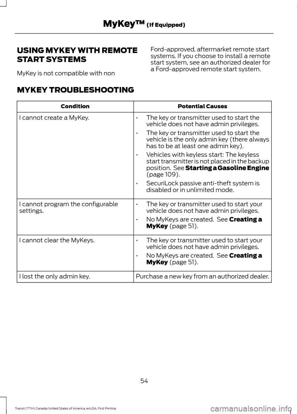 FORD TRANSIT 2016 5.G Workshop Manual USING MYKEY WITH REMOTE
START SYSTEMS
MyKey is not compatible with non
Ford-approved, aftermarket remote start
systems. If you choose to install a remote
start system, see an authorized dealer for
a F FORD TRANSIT 2016 5.G Workshop Manual USING MYKEY WITH REMOTE
START SYSTEMS
MyKey is not compatible with non
Ford-approved, aftermarket remote start
systems. If you choose to install a remote
start system, see an authorized dealer for
a F