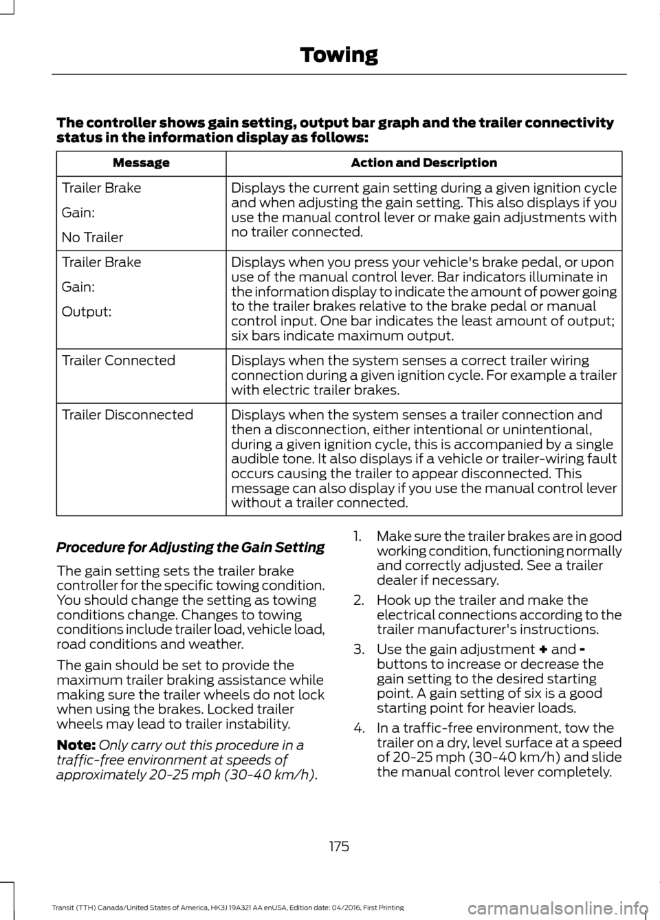 FORD TRANSIT 2017 5.G Owners Manual The controller shows gain setting, output bar graph and the trailer connectivity
status in the information display as follows:
Action and Description
Message
Displays the current gain setting during a