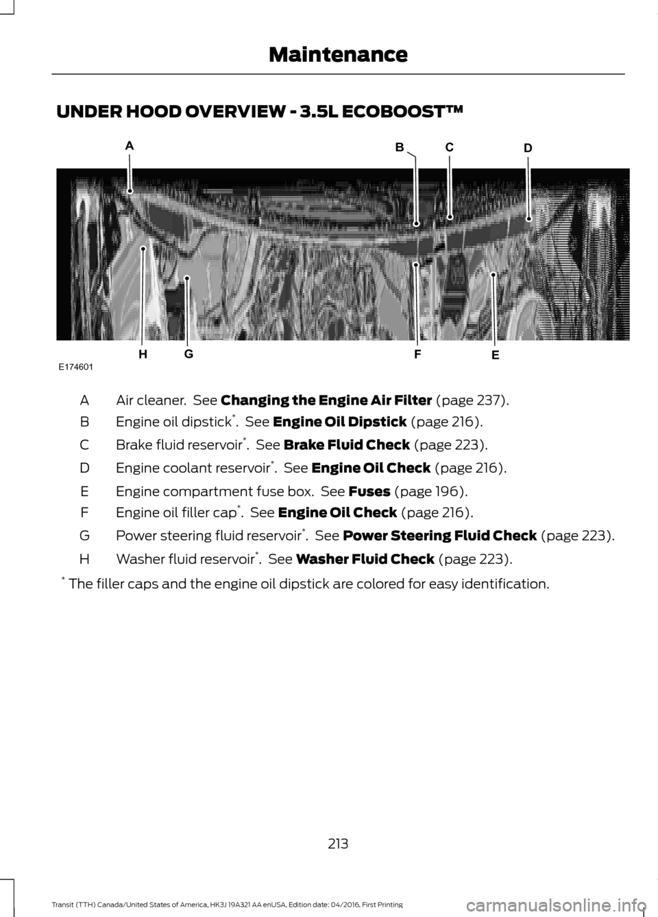FORD TRANSIT 2017 5.G Owners Manual UNDER HOOD OVERVIEW - 3.5L ECOBOOST™
Air cleaner.  See Changing the Engine Air Filter (page 237).
A
Engine oil dipstick *
.  See 
Engine Oil Dipstick (page 216).
B
Brake fluid reservoir *
.  See 
Br