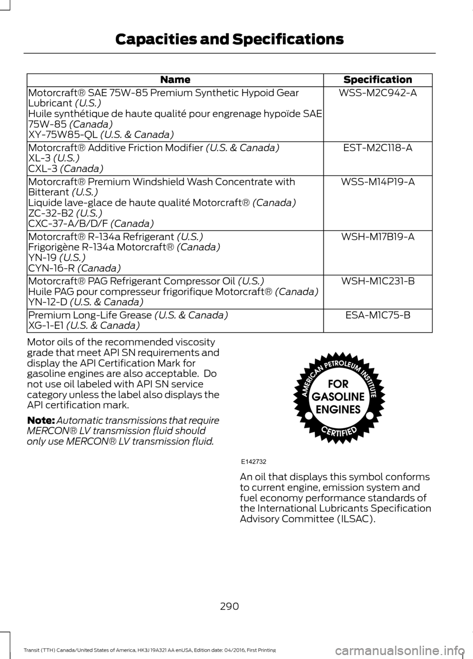 FORD TRANSIT 2017 5.G Owners Manual Specification
Name
WSS-M2C942-A
Motorcraft® SAE 75W-85 Premium Synthetic Hypoid Gear
Lubricant (U.S.)
Huile synthétique de haute qualité pour engrenage hypoïde SAE
75W-85
(Canada)
XY-75W85-QL (U. FORD TRANSIT 2017 5.G Owners Manual Specification
Name
WSS-M2C942-A
Motorcraft® SAE 75W-85 Premium Synthetic Hypoid Gear
Lubricant (U.S.)
Huile synthétique de haute qualité pour engrenage hypoïde SAE
75W-85
(Canada)
XY-75W85-QL (U.