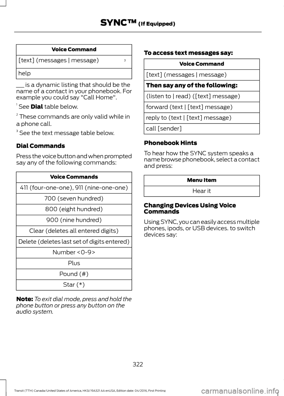 FORD TRANSIT 2017 5.G Owners Manual Voice Command
3
[text] (messages | message)
help
___ is a dynamic listing that should be the
name of a contact in your phonebook. For
example you could say "Call Home".
1  See Dial table below.
2  The