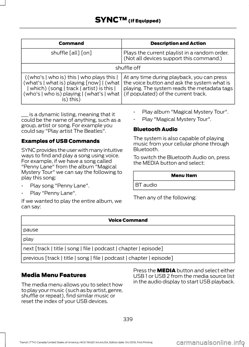 FORD TRANSIT 2017 5.G Owners Manual Description and Action
Command
Plays the current playlist in a random order.
(Not all devices support this command.)
shuffle [all] [on]
shuffle offAt any time during playback, you can press
the voice 