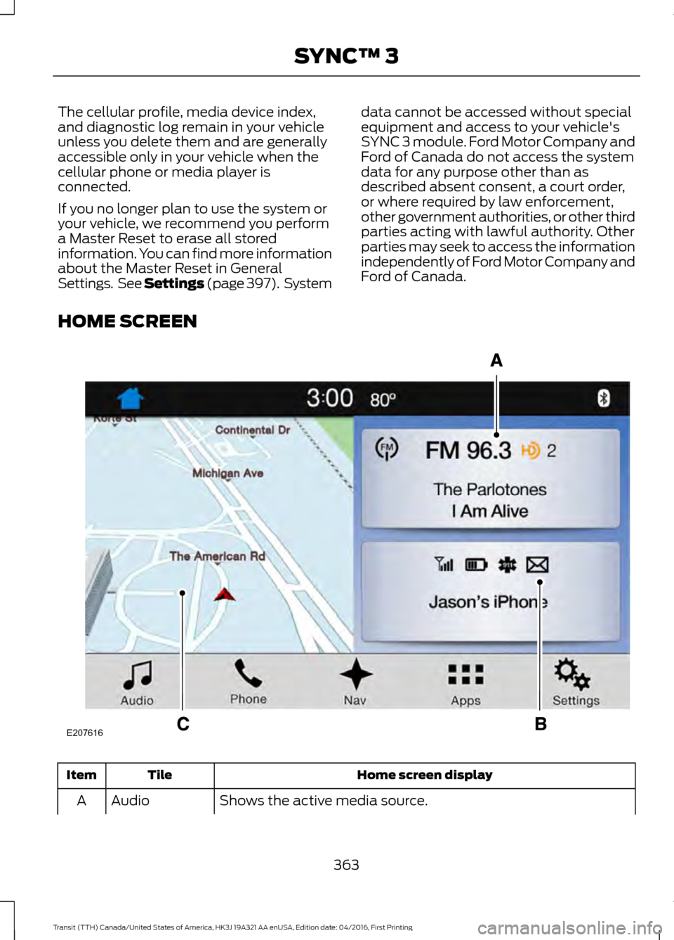 FORD TRANSIT 2017 5.G Owners Manual The cellular profile, media device index,
and diagnostic log remain in your vehicle
unless you delete them and are generally
accessible only in your vehicle when the
cellular phone or media player is
FORD TRANSIT 2017 5.G Owners Manual The cellular profile, media device index,
and diagnostic log remain in your vehicle
unless you delete them and are generally
accessible only in your vehicle when the
cellular phone or media player is