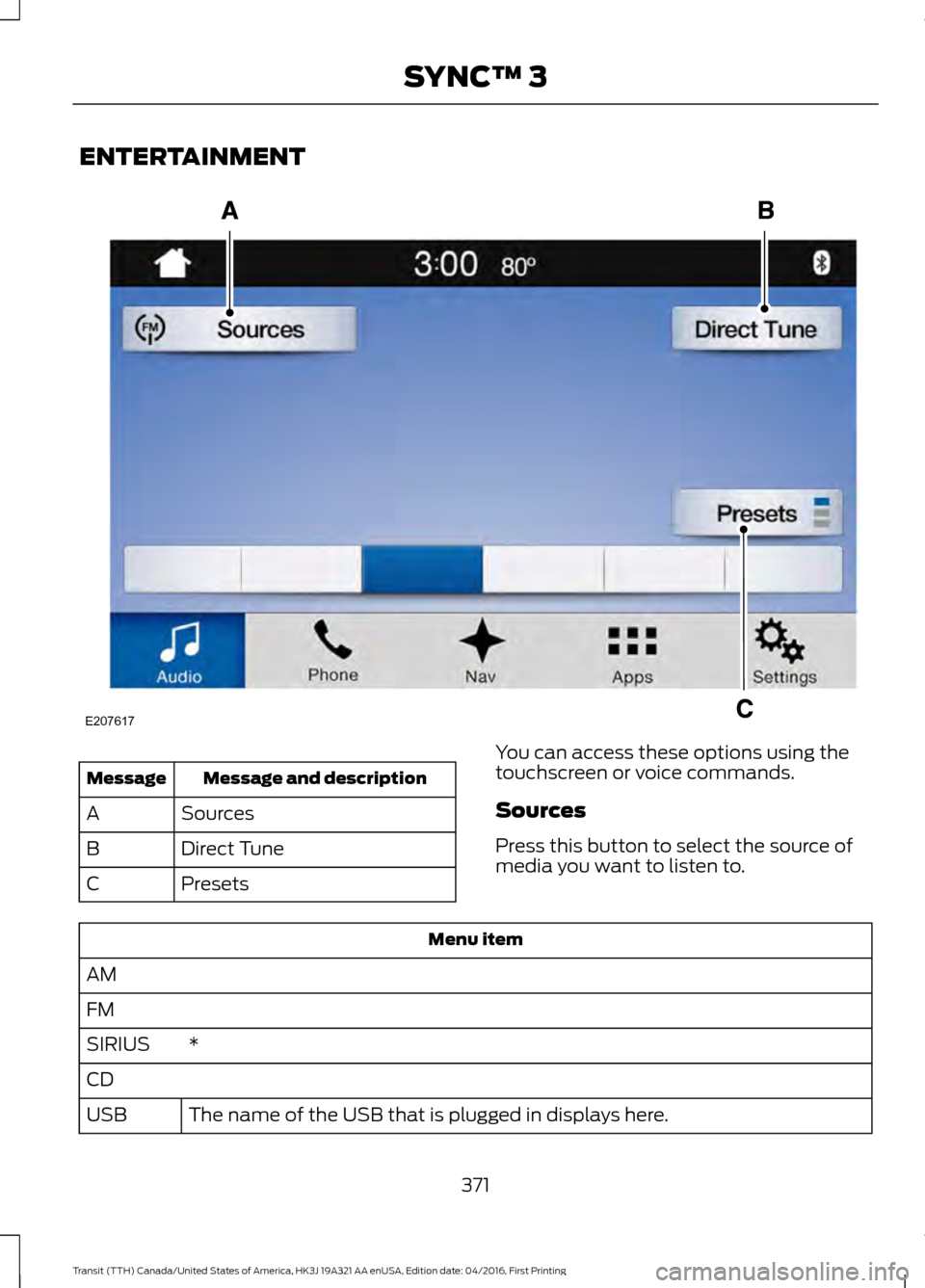 FORD TRANSIT 2017 5.G Owners Manual ENTERTAINMENT
Message and description
Message
Sources
A
Direct Tune
B
Presets
C You can access these options using the
touchscreen or voice commands.
Sources
Press this button to select the source of
FORD TRANSIT 2017 5.G Owners Manual ENTERTAINMENT
Message and description
Message
Sources
A
Direct Tune
B
Presets
C You can access these options using the
touchscreen or voice commands.
Sources
Press this button to select the source of