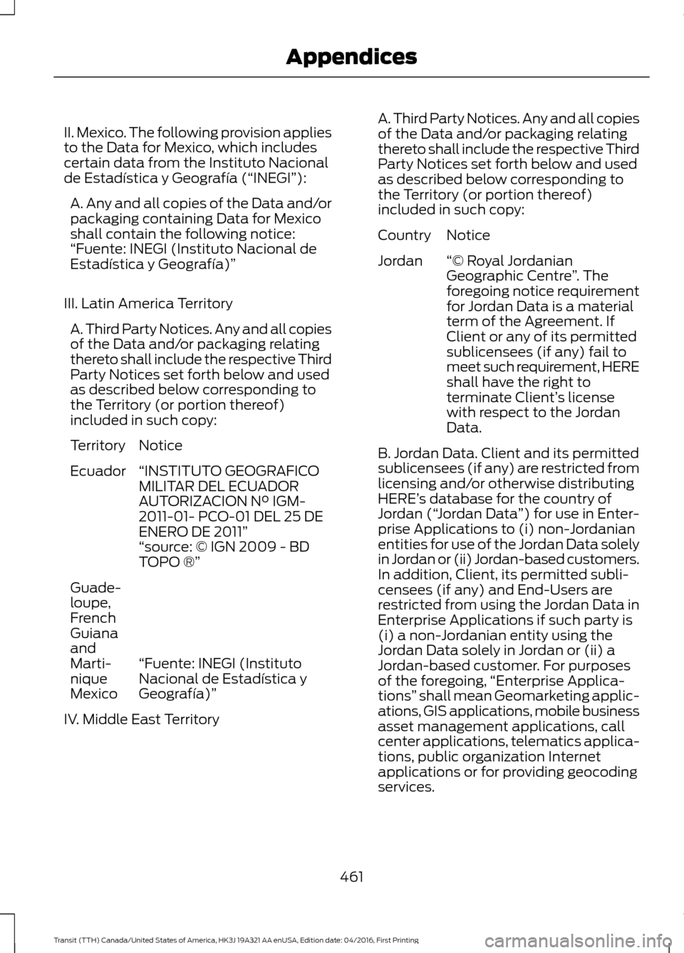 FORD TRANSIT 2017 5.G Owners Manual II. Mexico. The following provision applies
to the Data for Mexico, which includes
certain data from the Instituto Nacional
de Estadística y Geografía (“INEGI”):
A. Any and all copies of the Dat FORD TRANSIT 2017 5.G Owners Manual II. Mexico. The following provision applies
to the Data for Mexico, which includes
certain data from the Instituto Nacional
de Estadística y Geografía (“INEGI”):
A. Any and all copies of the Dat