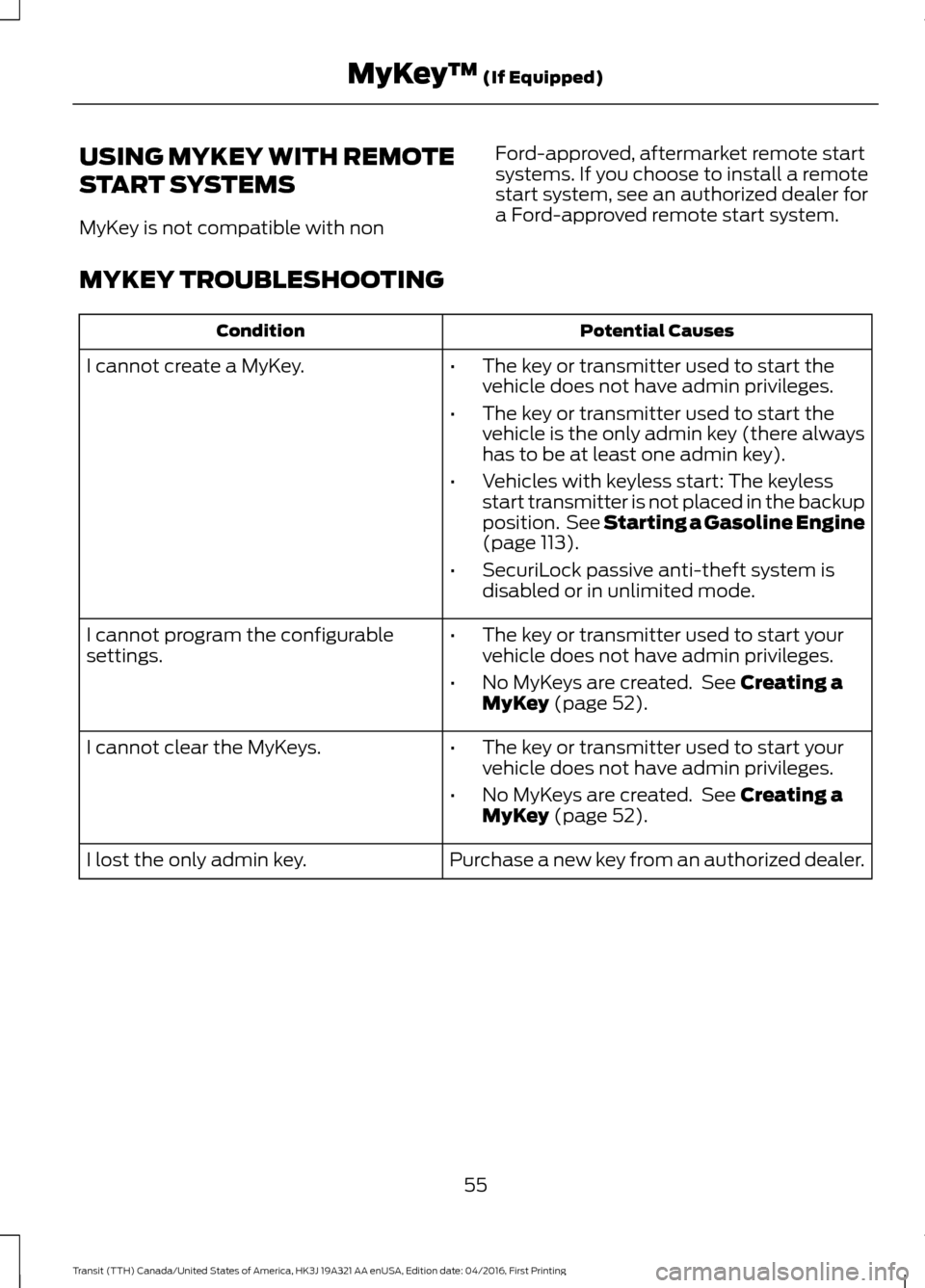 FORD TRANSIT 2017 5.G Workshop Manual USING MYKEY WITH REMOTE
START SYSTEMS
MyKey is not compatible with non
Ford-approved, aftermarket remote start
systems. If you choose to install a remote
start system, see an authorized dealer for
a F FORD TRANSIT 2017 5.G Workshop Manual USING MYKEY WITH REMOTE
START SYSTEMS
MyKey is not compatible with non
Ford-approved, aftermarket remote start
systems. If you choose to install a remote
start system, see an authorized dealer for
a F