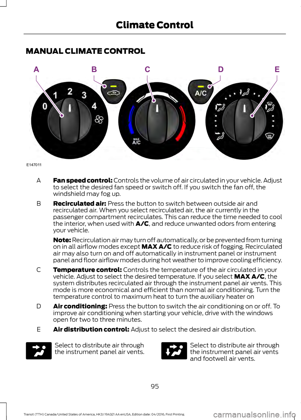 FORD TRANSIT 2017 5.G Owners Manual MANUAL CLIMATE CONTROL
Fan speed control: Controls the volume of air circulated in your vehicle. Adjust
to select the desired fan speed or switch off. If you switch the fan off, the
windshield may fog