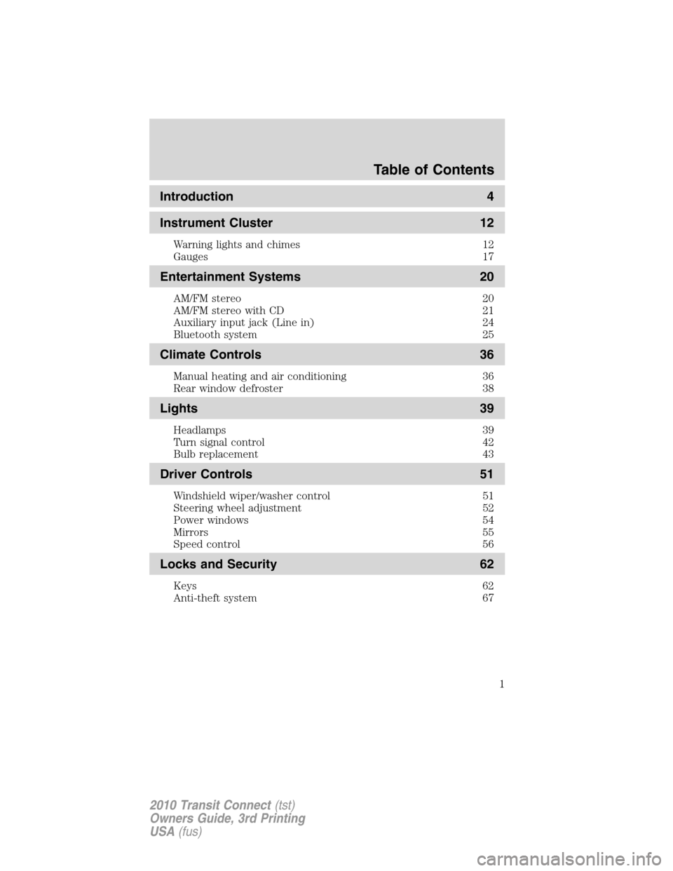 FORD TRANSIT CONNECT 2010 1.G Owners Manual 