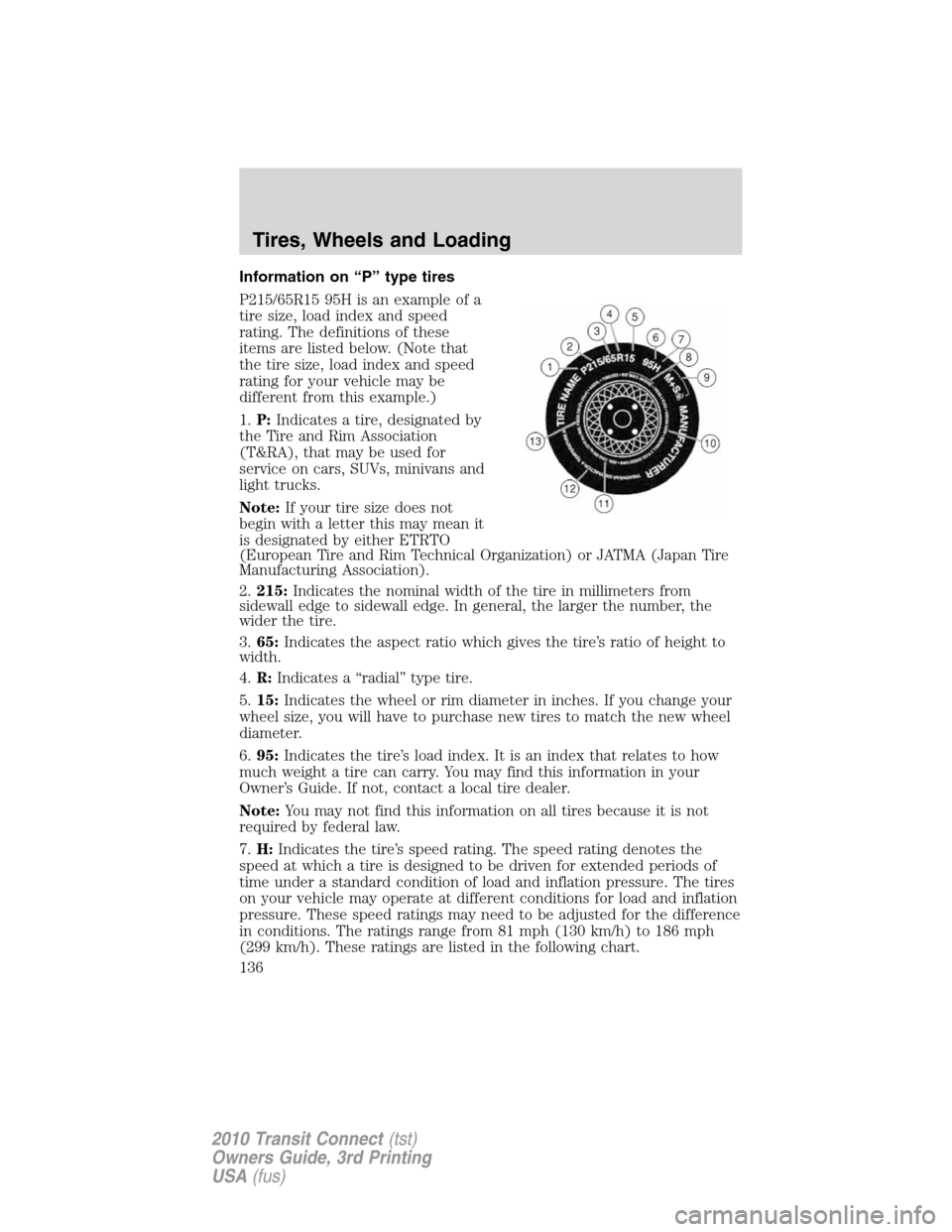 FORD TRANSIT CONNECT 2010 1.G User Guide Information on “P” type tires
P215/65R15 95H is an example of a
tire size, load index and speed
rating. The definitions of these
items are listed below. (Note that
the tire size, load index and sp