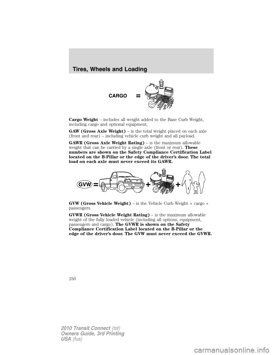 FORD TRANSIT CONNECT 2010 1.G Owners Manual Cargo Weight– includes all weight added to the Base Curb Weight,
including cargo and optional equipment.
GAW (Gross Axle Weight)– is the total weight placed on each axle
(front and rear) – inclu