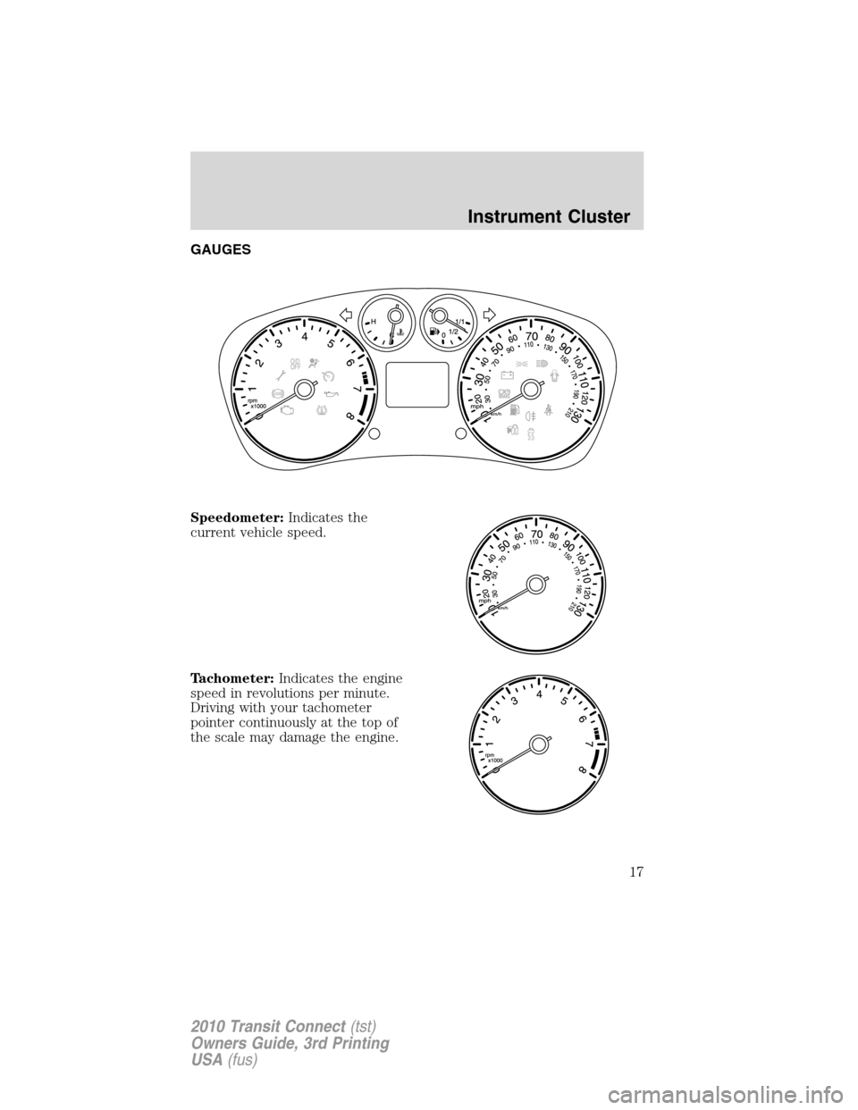 FORD TRANSIT CONNECT 2010 1.G User Guide GAUGES
Speedometer:Indicates the
current vehicle speed.
Tachometer:Indicates the engine
speed in revolutions per minute.
Driving with your tachometer
pointer continuously at the top of
the scale may d