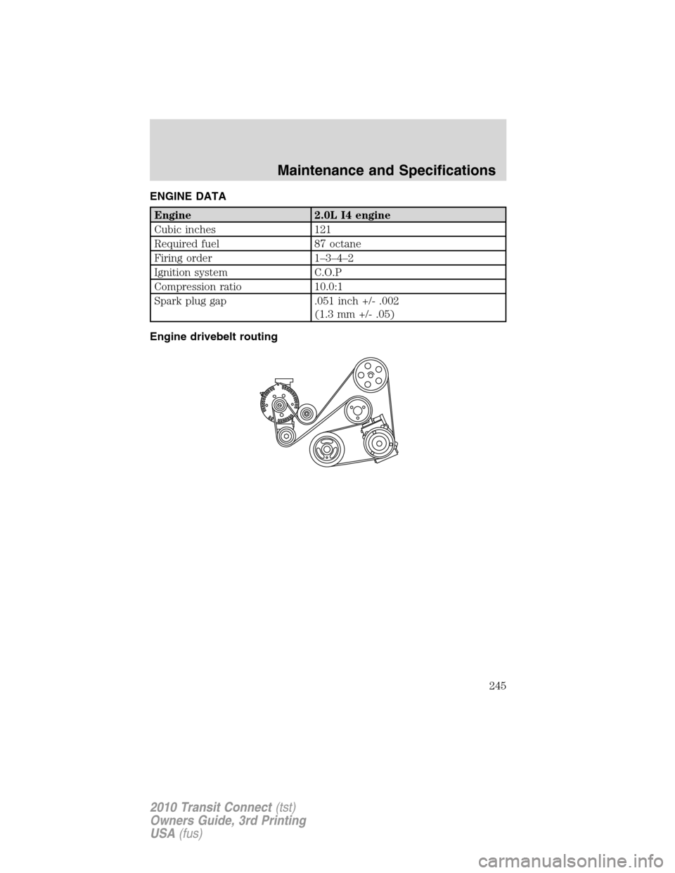 FORD TRANSIT CONNECT 2010 1.G Manual PDF ENGINE DATA
Engine 2.0L I4 engine
Cubic inches 121
Required fuel 87 octane
Firing order 1–3–4–2
Ignition system C.O.P
Compression ratio 10.0:1
Spark plug gap .051 inch +/- .002
(1.3 mm +/- .05)
