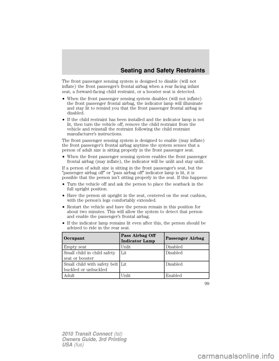 FORD TRANSIT CONNECT 2010 1.G Owners Manual The front passenger sensing system is designed to disable (will not
inflate) the front passenger’s frontal airbag when a rear facing infant
seat, a forward-facing child restraint, or a booster seat 