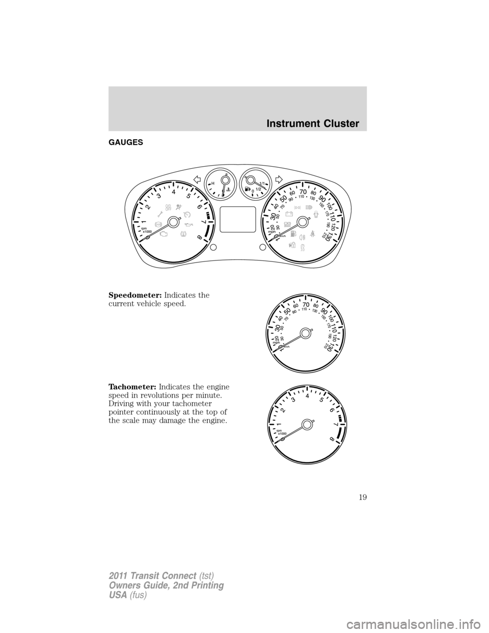 FORD TRANSIT CONNECT 2011 1.G Owners Manual GAUGES
Speedometer:Indicates the
current vehicle speed.
Tachometer:Indicates the engine
speed in revolutions per minute.
Driving with your tachometer
pointer continuously at the top of
the scale may d