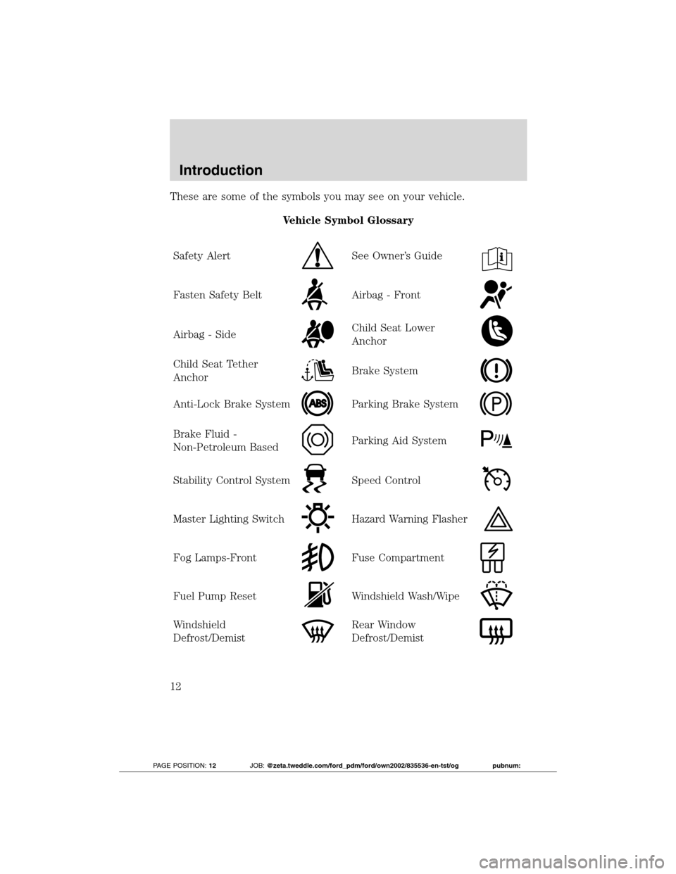 FORD TRANSIT CONNECT 2012 1.G Owners Manual These are some of the symbols you may see on your vehicle.
Vehicle Symbol Glossary
Safety Alert
See Owner’s Guide
Fasten Safety BeltAirbag - Front
Airbag - SideChild Seat Lower
Anchor
Child Seat Tet