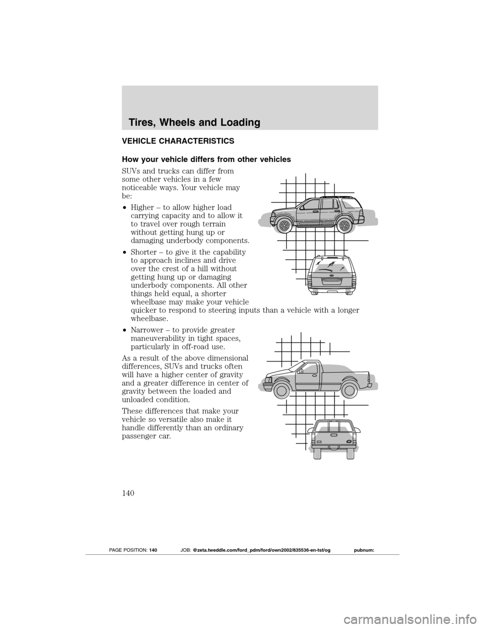 FORD TRANSIT CONNECT 2012 1.G Owners Manual VEHICLE CHARACTERISTICS
How your vehicle differs from other vehicles
SUVs and trucks can differ from
some other vehicles in a few
noticeable ways. Your vehicle may
be:
•Higher – to allow higher lo