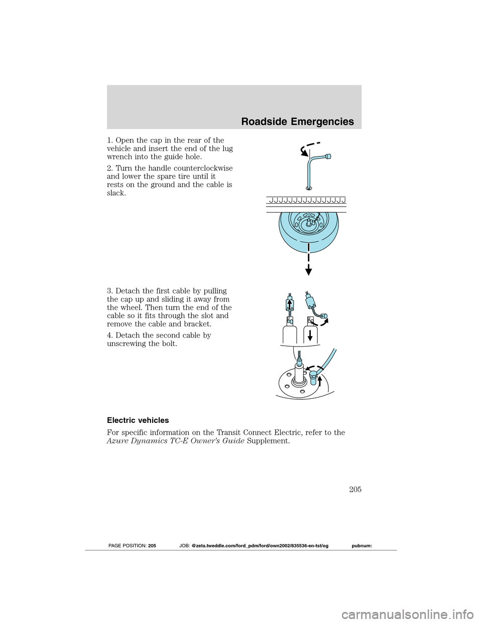 FORD TRANSIT CONNECT 2012 1.G User Guide 1. Open the cap in the rear of the
vehicle and insert the end of the lug
wrench into the guide hole.
2. Turn the handle counterclockwise
and lower the spare tire until it
rests on the ground and the c