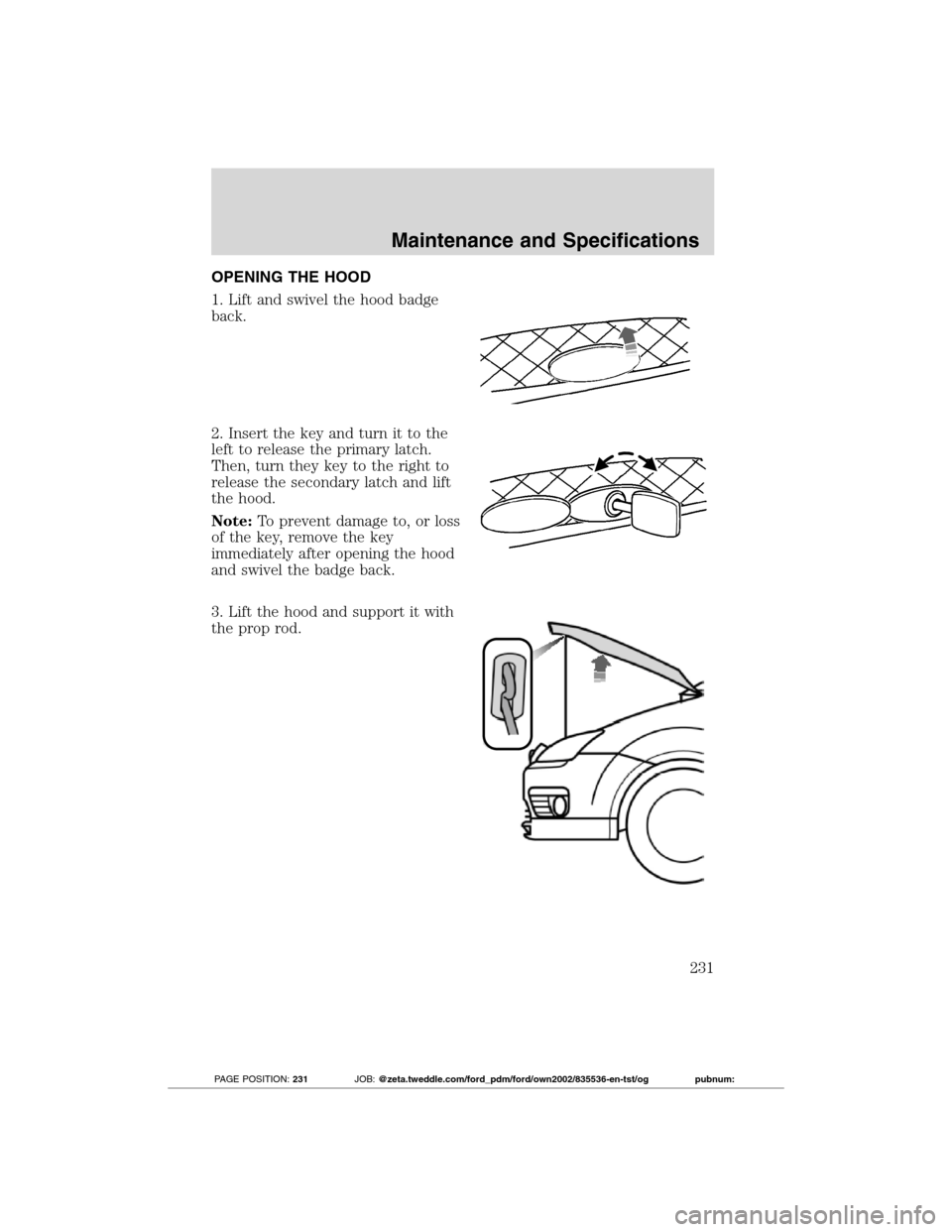 FORD TRANSIT CONNECT 2012 1.G Owners Manual OPENING THE HOOD
1. Lift and swivel the hood badge
back.
2. Insert the key and turn it to the
left to release the primary latch.
Then, turn they key to the right to
release the secondary latch and lif FORD TRANSIT CONNECT 2012 1.G Owners Manual OPENING THE HOOD
1. Lift and swivel the hood badge
back.
2. Insert the key and turn it to the
left to release the primary latch.
Then, turn they key to the right to
release the secondary latch and lif