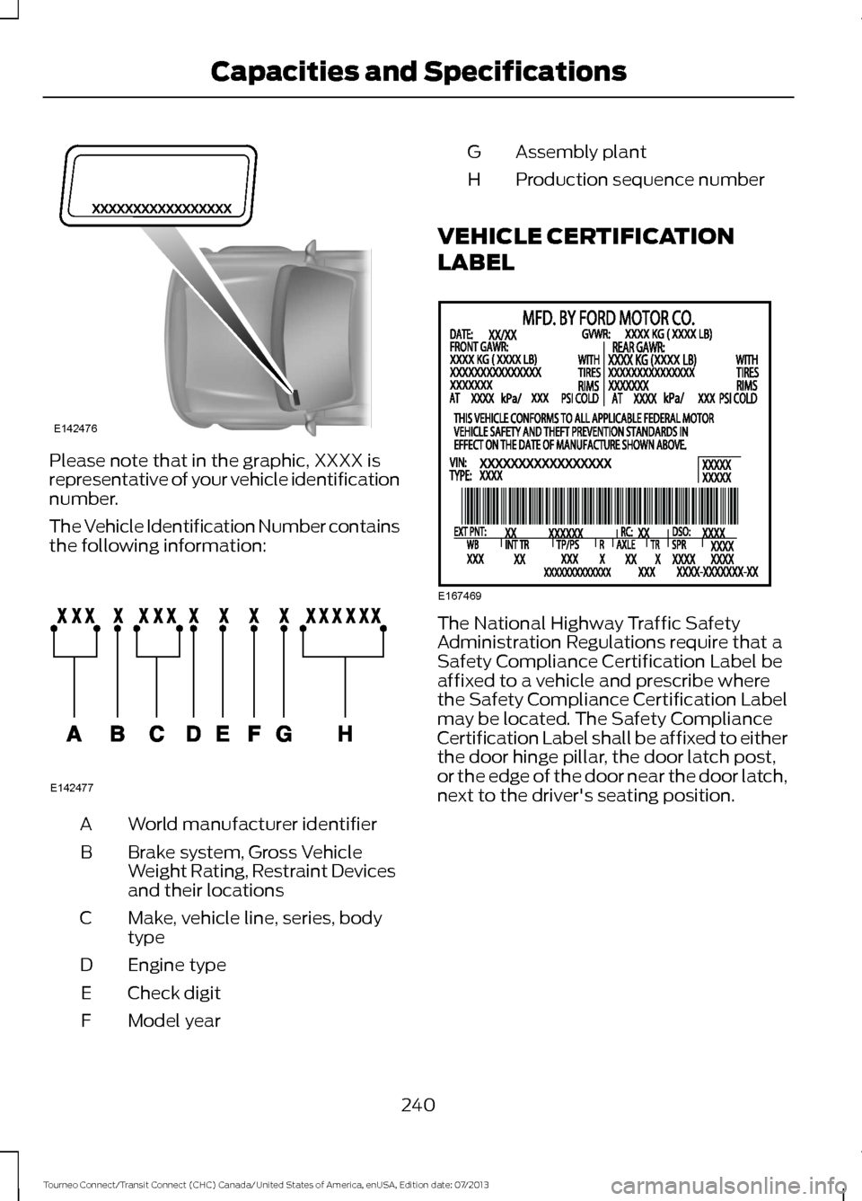 FORD TRANSIT CONNECT 2014 2.G Owners Manual Please note that in the graphic, XXXX is
representative of your vehicle identification
number.
The Vehicle Identification Number contains
the following information:
World manufacturer identifier
A
Bra