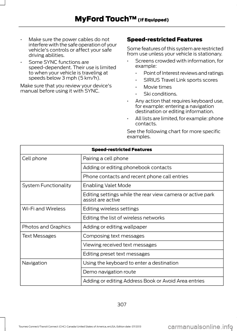 FORD TRANSIT CONNECT 2014 2.G Owners Manual •
Make sure the power cables do not
interfere with the safe operation of your
vehicles controls or affect your safe
driving abilities.
• Some SYNC functions are
speed-dependent. Their use is limi FORD TRANSIT CONNECT 2014 2.G Owners Manual •
Make sure the power cables do not
interfere with the safe operation of your
vehicles controls or affect your safe
driving abilities.
• Some SYNC functions are
speed-dependent. Their use is limi