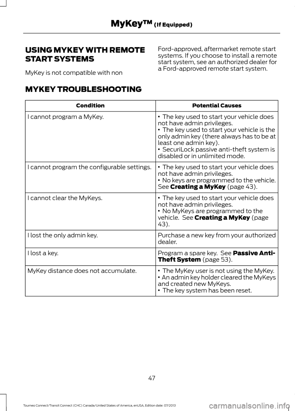 FORD TRANSIT CONNECT 2014 2.G Service Manual USING MYKEY WITH REMOTE
START SYSTEMS
MyKey is not compatible with non
Ford-approved, aftermarket remote start
systems. If you choose to install a remote
start system, see an authorized dealer for
a F FORD TRANSIT CONNECT 2014 2.G Service Manual USING MYKEY WITH REMOTE
START SYSTEMS
MyKey is not compatible with non
Ford-approved, aftermarket remote start
systems. If you choose to install a remote
start system, see an authorized dealer for
a F