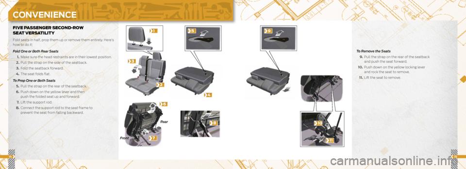 FORD TRANSIT CONNECT 2014 2.G Quick Reference Guide FIVE PASSENGER SECOND-ROW  
SEAT VERSATILITY
Fold seats in half, prop them up or remove them entirely. Here’s 
how to do it:
Fold One or Both Rear Seats
  1.   Make sure the head restraints are in t