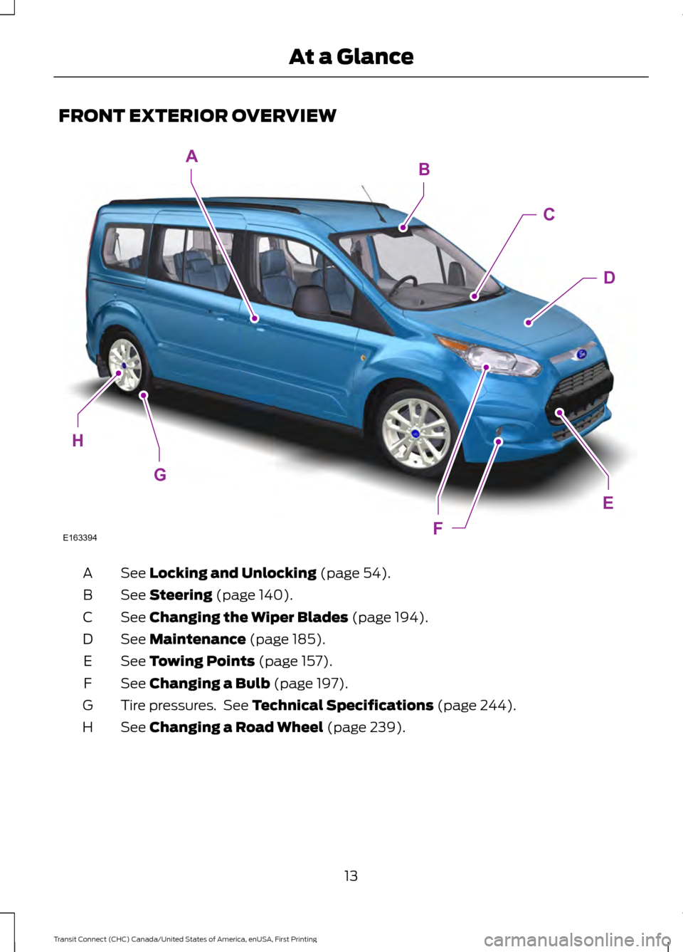 FORD TRANSIT CONNECT 2015 2.G Owners Manual FRONT EXTERIOR OVERVIEW
See Locking and Unlocking (page 54).
A
See 
Steering (page 140).
B
See 
Changing the Wiper Blades (page 194).
C
See 
Maintenance (page 185).
D
See 
Towing Points (page 157).
E
