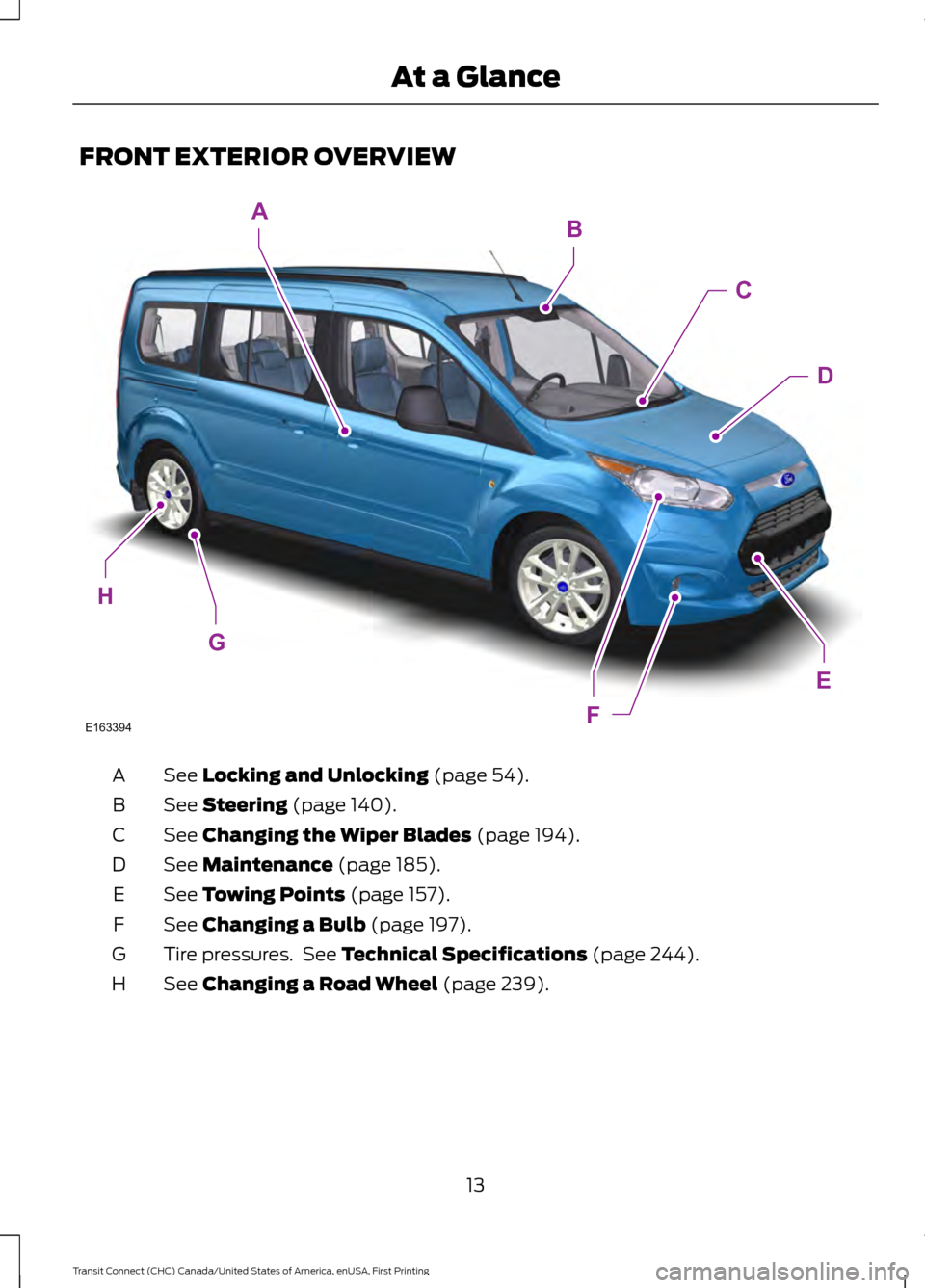FORD TRANSIT CONNECT 2015 2.G Owners Manual FRONT EXTERIOR OVERVIEW
See Locking and Unlocking (page 54).
A
See
Steering (page 140).
B
See
Changing the Wiper Blades (page 194).
C
See
Maintenance (page 185).
D
See
Towing Points (page 157).
E
FORD TRANSIT CONNECT 2015 2.G Owners Manual FRONT EXTERIOR OVERVIEW
See Locking and Unlocking (page 54).
A
See
Steering (page 140).
B
See
Changing the Wiper Blades (page 194).
C
See
Maintenance (page 185).
D
See
Towing Points (page 157).
E