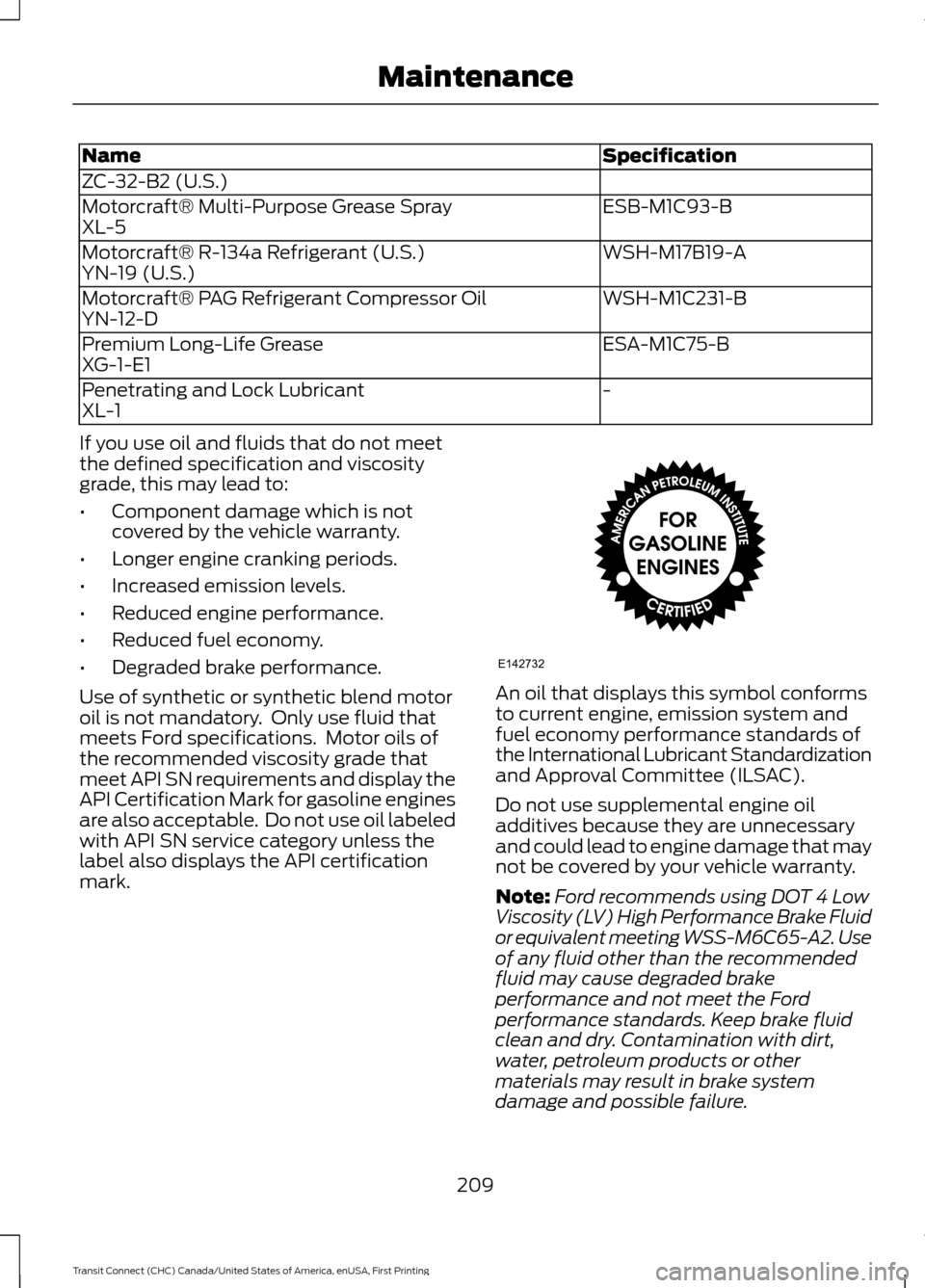 FORD TRANSIT CONNECT 2015 2.G Repair Manual Specification
Name
ZC-32-B2 (U.S.)
ESB-M1C93-B
Motorcraft® Multi-Purpose Grease Spray
XL-5
WSH-M17B19-A
Motorcraft® R-134a Refrigerant (U.S.)
YN-19 (U.S.)
WSH-M1C231-B
Motorcraft® PAG Refrigerant C FORD TRANSIT CONNECT 2015 2.G Repair Manual Specification
Name
ZC-32-B2 (U.S.)
ESB-M1C93-B
Motorcraft® Multi-Purpose Grease Spray
XL-5
WSH-M17B19-A
Motorcraft® R-134a Refrigerant (U.S.)
YN-19 (U.S.)
WSH-M1C231-B
Motorcraft® PAG Refrigerant C