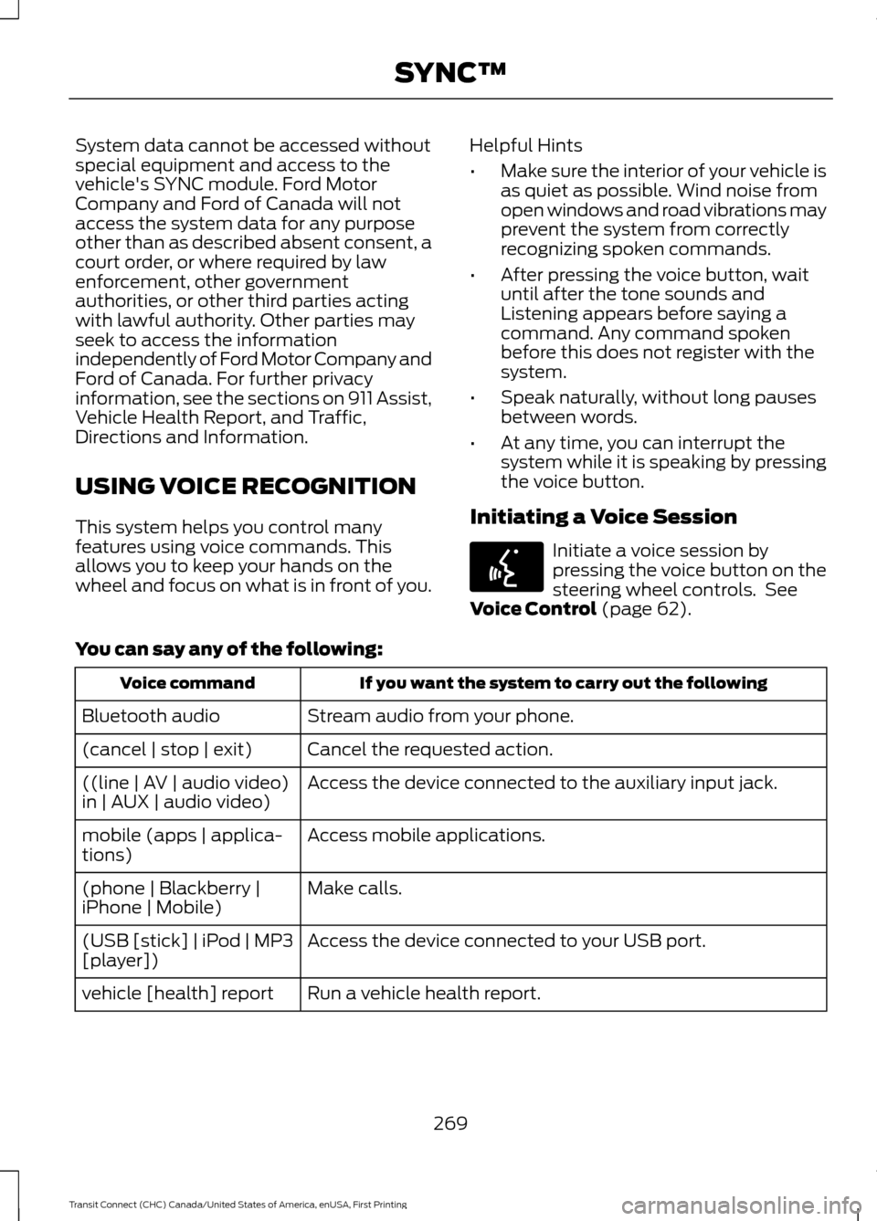 FORD TRANSIT CONNECT 2015 2.G Owners Manual System data cannot be accessed without
special equipment and access to the
vehicles SYNC module. Ford Motor
Company and Ford of Canada will not
access the system data for any purpose
other than as de FORD TRANSIT CONNECT 2015 2.G Owners Manual System data cannot be accessed without
special equipment and access to the
vehicles SYNC module. Ford Motor
Company and Ford of Canada will not
access the system data for any purpose
other than as de
