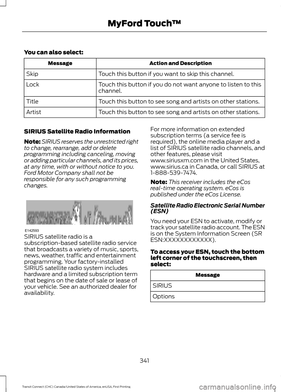 FORD TRANSIT CONNECT 2015 2.G Owners Manual You can also select:
Action and Description
Message
Touch this button if you want to skip this channel.
Skip
Touch this button if you do not want anyone to listen to this
channel.
Lock
Touch this butt