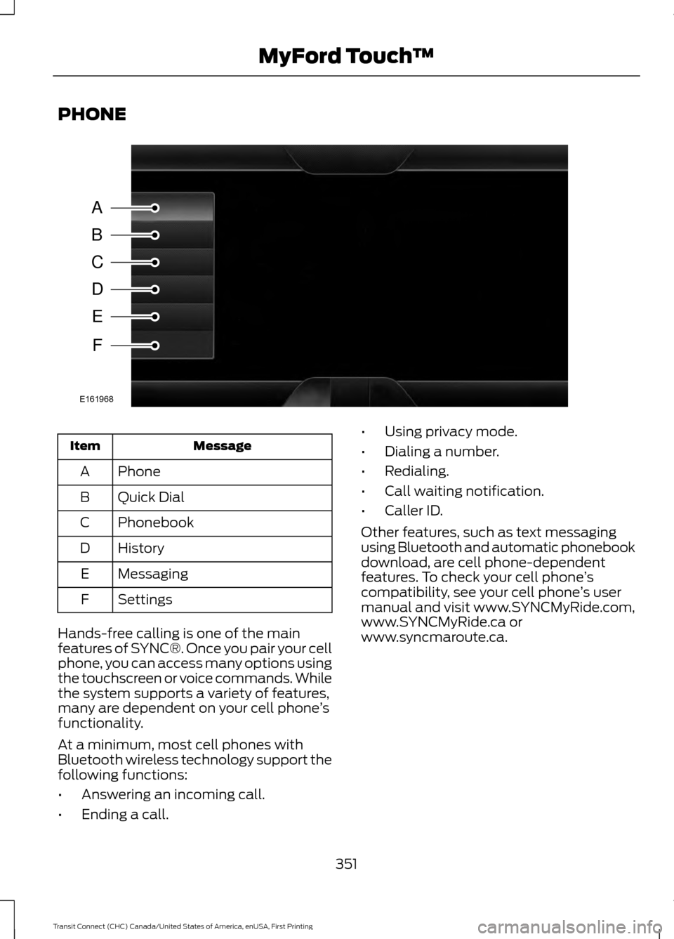 FORD TRANSIT CONNECT 2015 2.G Owners Manual PHONE
Message
Item
Phone
A
Quick Dial
B
Phonebook
C
History
D
Messaging
E
Settings
F
Hands-free calling is one of the main
features of SYNC®. Once you pair your cell
phone, you can access many option FORD TRANSIT CONNECT 2015 2.G Owners Manual PHONE
Message
Item
Phone
A
Quick Dial
B
Phonebook
C
History
D
Messaging
E
Settings
F
Hands-free calling is one of the main
features of SYNC®. Once you pair your cell
phone, you can access many option
