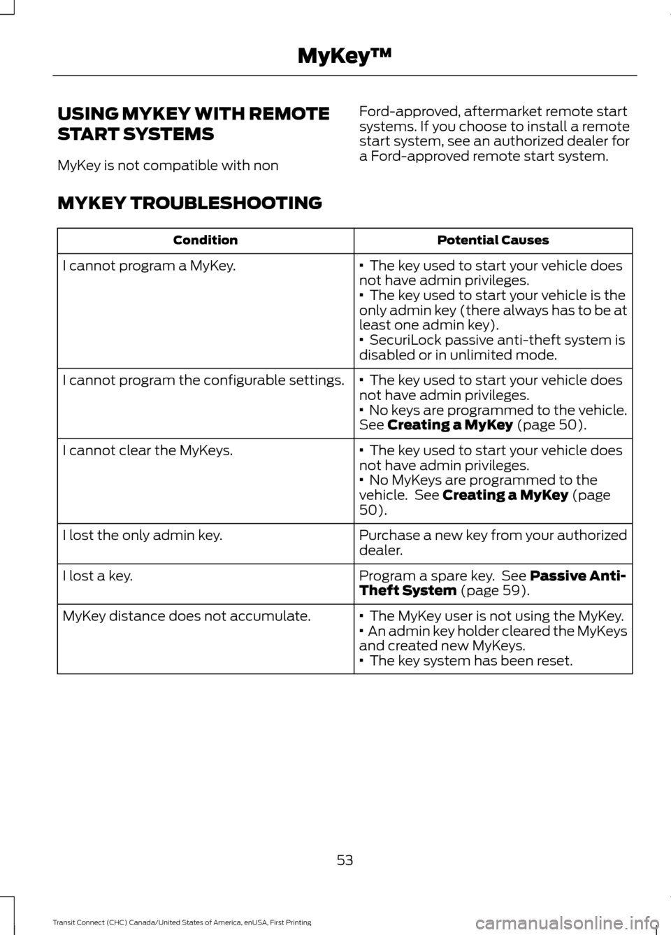 FORD TRANSIT CONNECT 2015 2.G Owners Manual USING MYKEY WITH REMOTE
START SYSTEMS
MyKey is not compatible with non
Ford-approved, aftermarket remote start
systems. If you choose to install a remote
start system, see an authorized dealer for
a F FORD TRANSIT CONNECT 2015 2.G Owners Manual USING MYKEY WITH REMOTE
START SYSTEMS
MyKey is not compatible with non
Ford-approved, aftermarket remote start
systems. If you choose to install a remote
start system, see an authorized dealer for
a F