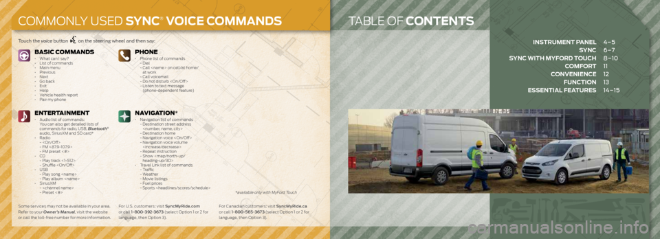 FORD TRANSIT CONNECT 2015 2.G Quick Reference Guide *available only with MyFord Touch
TABLE OF CONTENTS
BASIC COMMANDS• What can I say?
• List of commands
• Main menu
• Previous
• Next
• Go back
• Exit
• Help
• Vehicle health repo FORD TRANSIT CONNECT 2015 2.G Quick Reference Guide *available only with MyFord Touch
TABLE OF CONTENTS
BASIC COMMANDS• What can I say?
• List of commands
• Main menu
• Previous
• Next
• Go back
• Exit
• Help
• Vehicle health repo