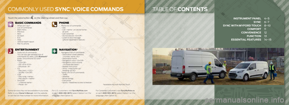 FORD TRANSIT CONNECT 2015 2.G Quick Reference Guide *available only with MyFord Touch
TABLE OF CONTENTS
BASIC COMMANDS• What can I say?
•  List of commands
•  Main menu
• Previous
• Next
•  Go back
• Exit
• Help
•  Vehicle health repo