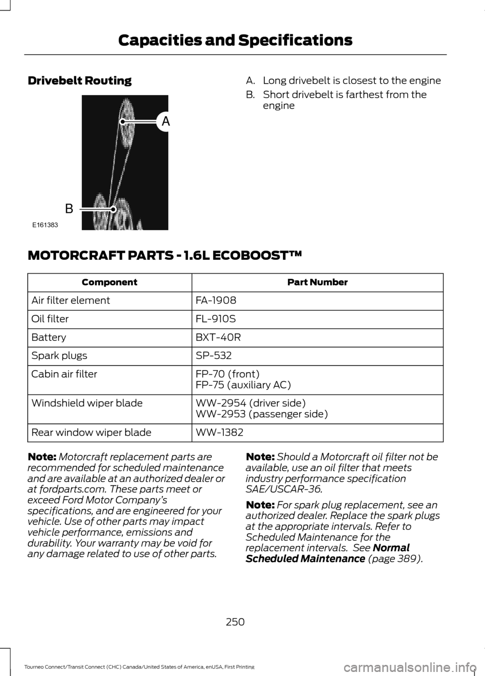 FORD TRANSIT CONNECT 2016 2.G Owners Manual Drivebelt Routing A. Long drivebelt is closest to the engine
B. Short drivebelt is farthest from the
engine
MOTORCRAFT PARTS - 1.6L ECOBOOST™ Part Number
Component
FA-1908
Air filter element
FL-910S FORD TRANSIT CONNECT 2016 2.G Owners Manual Drivebelt Routing A. Long drivebelt is closest to the engine
B. Short drivebelt is farthest from the
engine
MOTORCRAFT PARTS - 1.6L ECOBOOST™ Part Number
Component
FA-1908
Air filter element
FL-910S