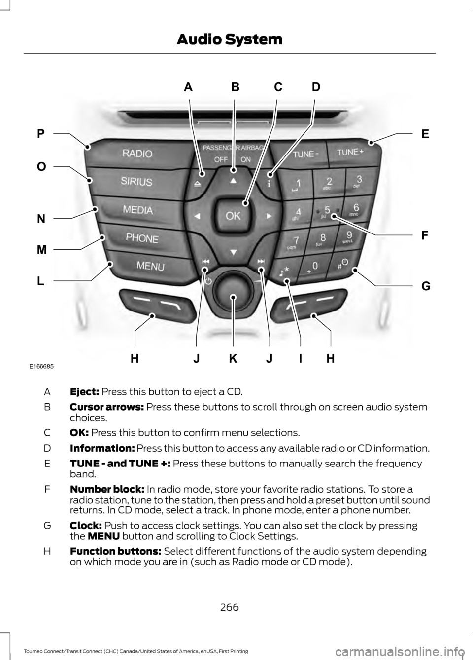 FORD TRANSIT CONNECT 2016 2.G Owners Manual Eject: Press this button to eject a CD.
A
Cursor arrows:
 Press these buttons to scroll through on screen audio system
choices.
B
OK:
 Press this button to confirm menu selections.
C
Information:
 Pre