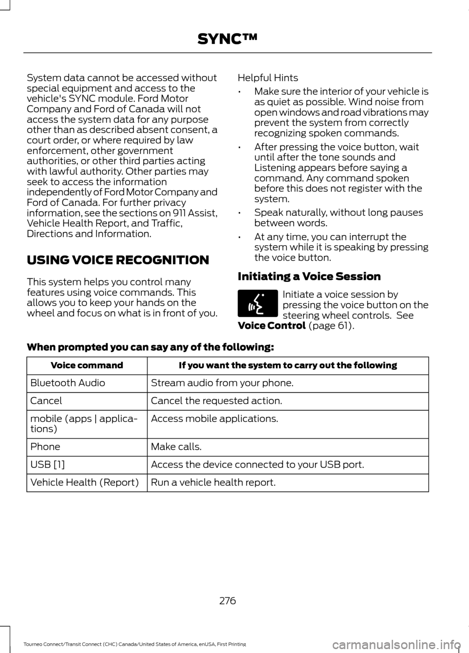 FORD TRANSIT CONNECT 2016 2.G Owners Manual System data cannot be accessed without
special equipment and access to the
vehicles SYNC module. Ford Motor
Company and Ford of Canada will not
access the system data for any purpose
other than as de FORD TRANSIT CONNECT 2016 2.G Owners Manual System data cannot be accessed without
special equipment and access to the
vehicles SYNC module. Ford Motor
Company and Ford of Canada will not
access the system data for any purpose
other than as de