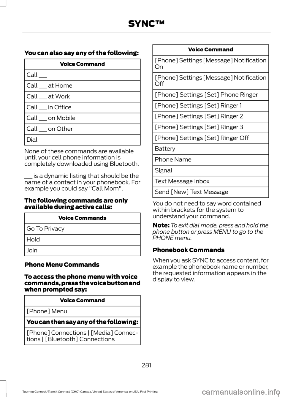 FORD TRANSIT CONNECT 2016 2.G Owners Manual You can also say any of the following:
Voice Command
Call ___
Call ___ at Home
Call ___ at Work
Call ___ in Office
Call ___ on Mobile
Call ___ on Other
Dial
None of these commands are available
until 