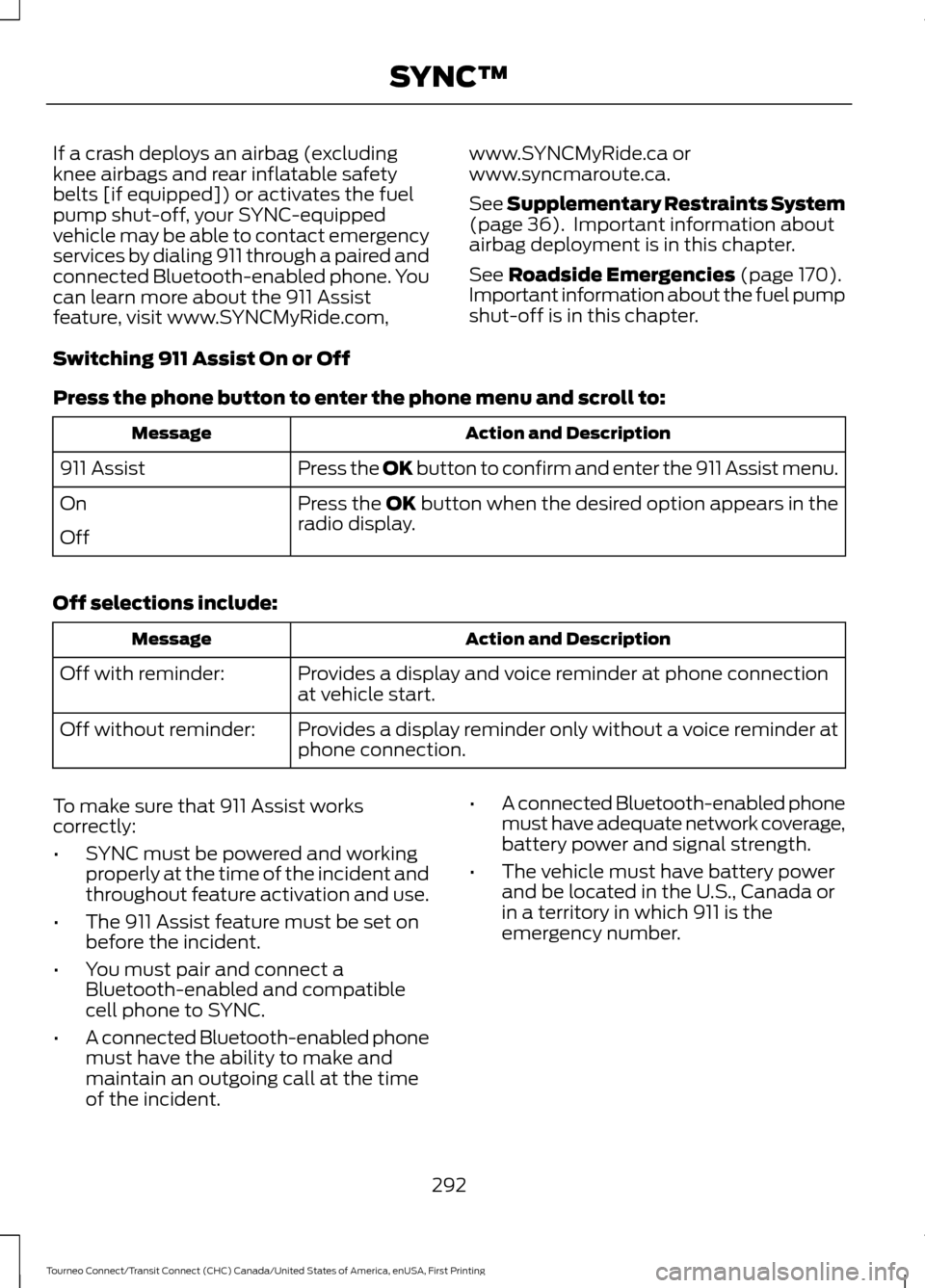 FORD TRANSIT CONNECT 2016 2.G Owners Manual If a crash deploys an airbag (excluding
knee airbags and rear inflatable safety
belts [if equipped]) or activates the fuel
pump shut-off, your SYNC-equipped
vehicle may be able to contact emergency
se