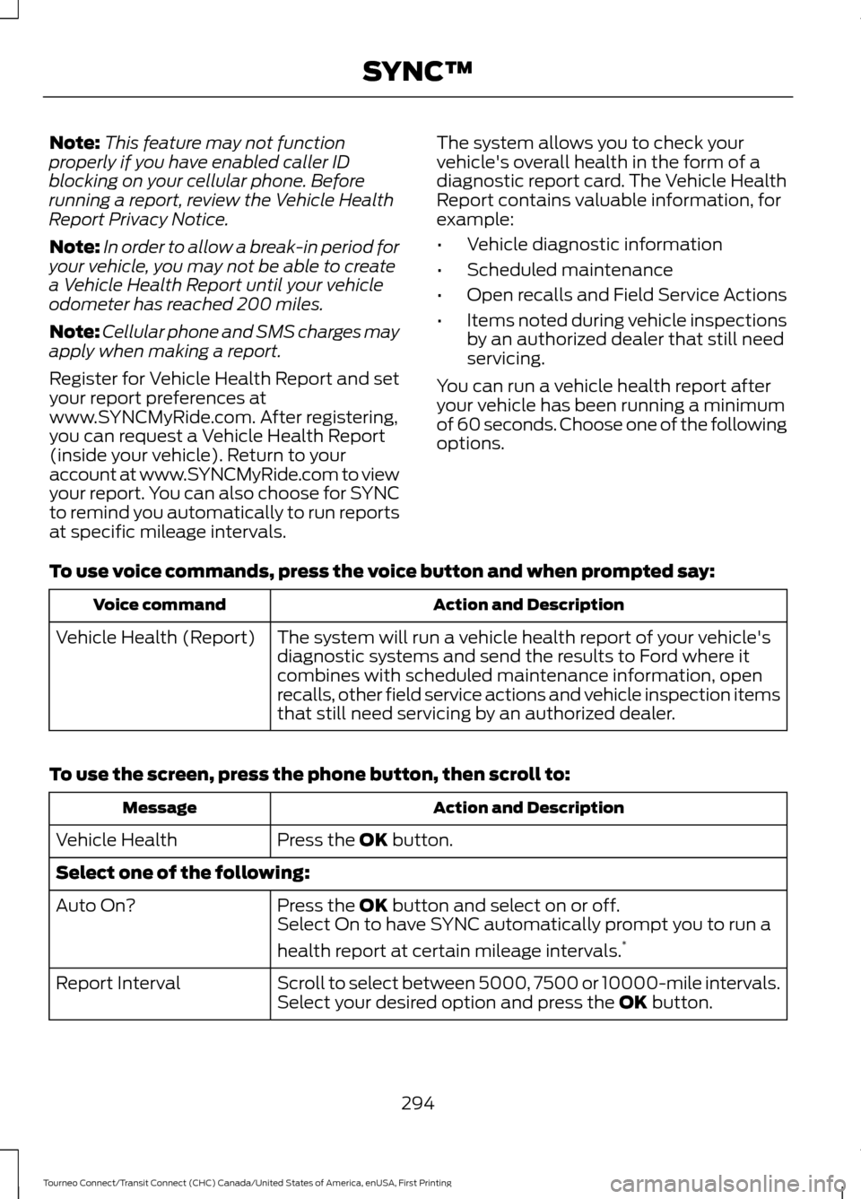 FORD TRANSIT CONNECT 2016 2.G Owners Manual Note:
This feature may not function
properly if you have enabled caller ID
blocking on your cellular phone. Before
running a report, review the Vehicle Health
Report Privacy Notice.
Note: In order to FORD TRANSIT CONNECT 2016 2.G Owners Manual Note:
This feature may not function
properly if you have enabled caller ID
blocking on your cellular phone. Before
running a report, review the Vehicle Health
Report Privacy Notice.
Note: In order to