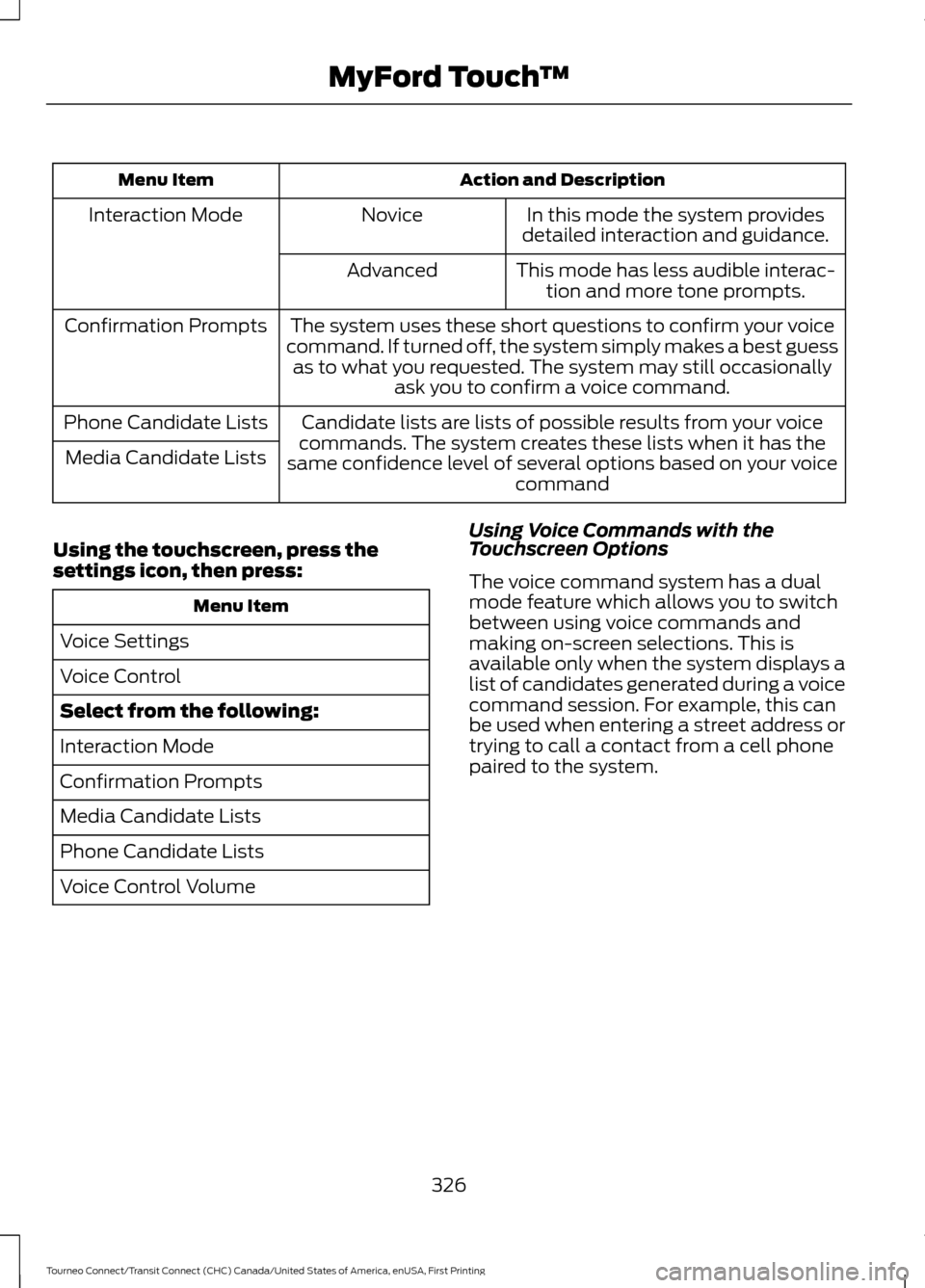 FORD TRANSIT CONNECT 2016 2.G Owners Manual Action and Description
Menu Item
In this mode the system provides
detailed interaction and guidance.
Novice
Interaction Mode
This mode has less audible interac-tion and more tone prompts.
Advanced
The FORD TRANSIT CONNECT 2016 2.G Owners Manual Action and Description
Menu Item
In this mode the system provides
detailed interaction and guidance.
Novice
Interaction Mode
This mode has less audible interac-tion and more tone prompts.
Advanced
The