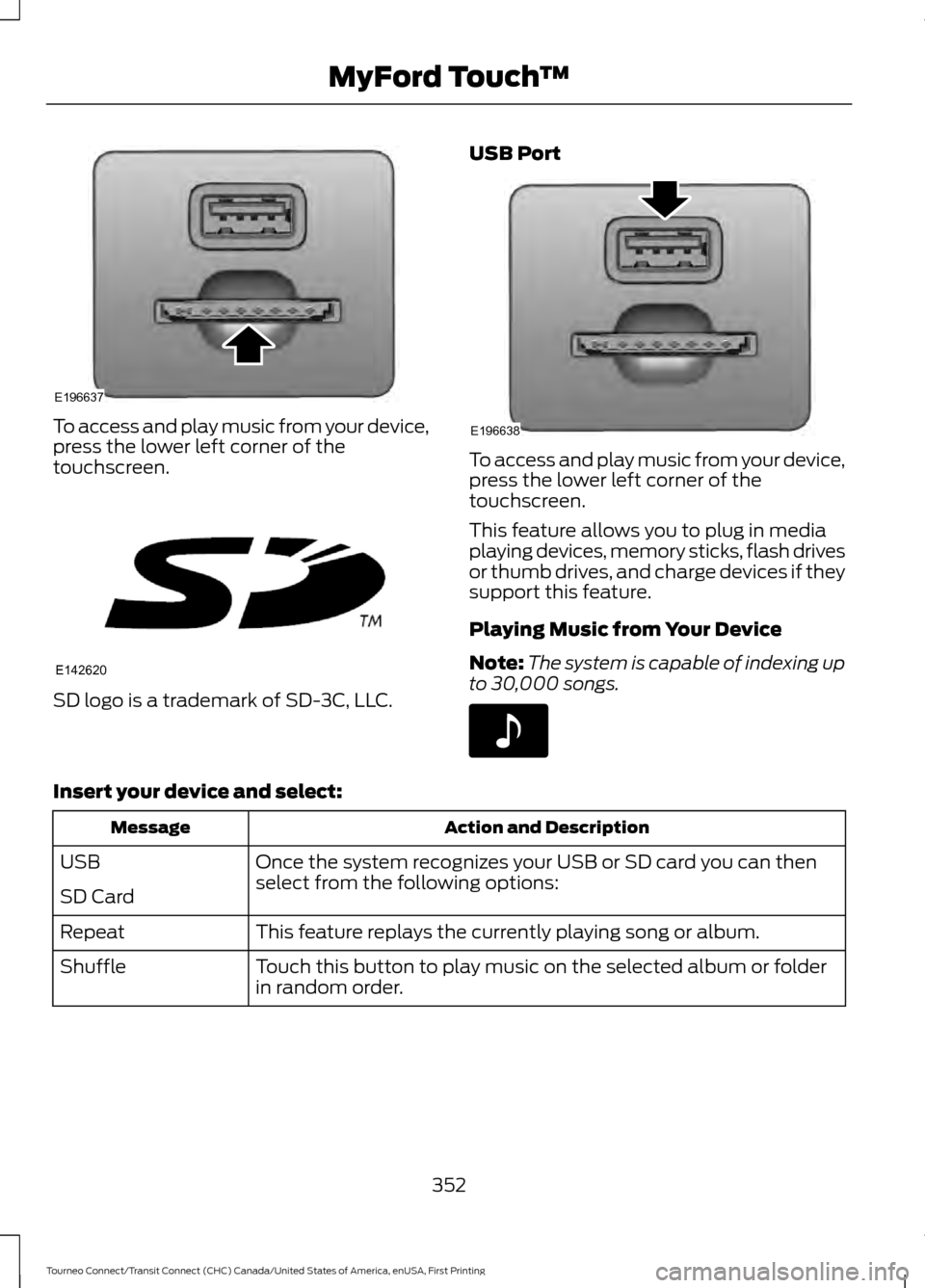 FORD TRANSIT CONNECT 2016 2.G Owners Manual To access and play music from your device,
press the lower left corner of the
touchscreen.
SD logo is a trademark of SD-3C, LLC. USB Port To access and play music from your device,
press the lower lef FORD TRANSIT CONNECT 2016 2.G Owners Manual To access and play music from your device,
press the lower left corner of the
touchscreen.
SD logo is a trademark of SD-3C, LLC. USB Port To access and play music from your device,
press the lower lef