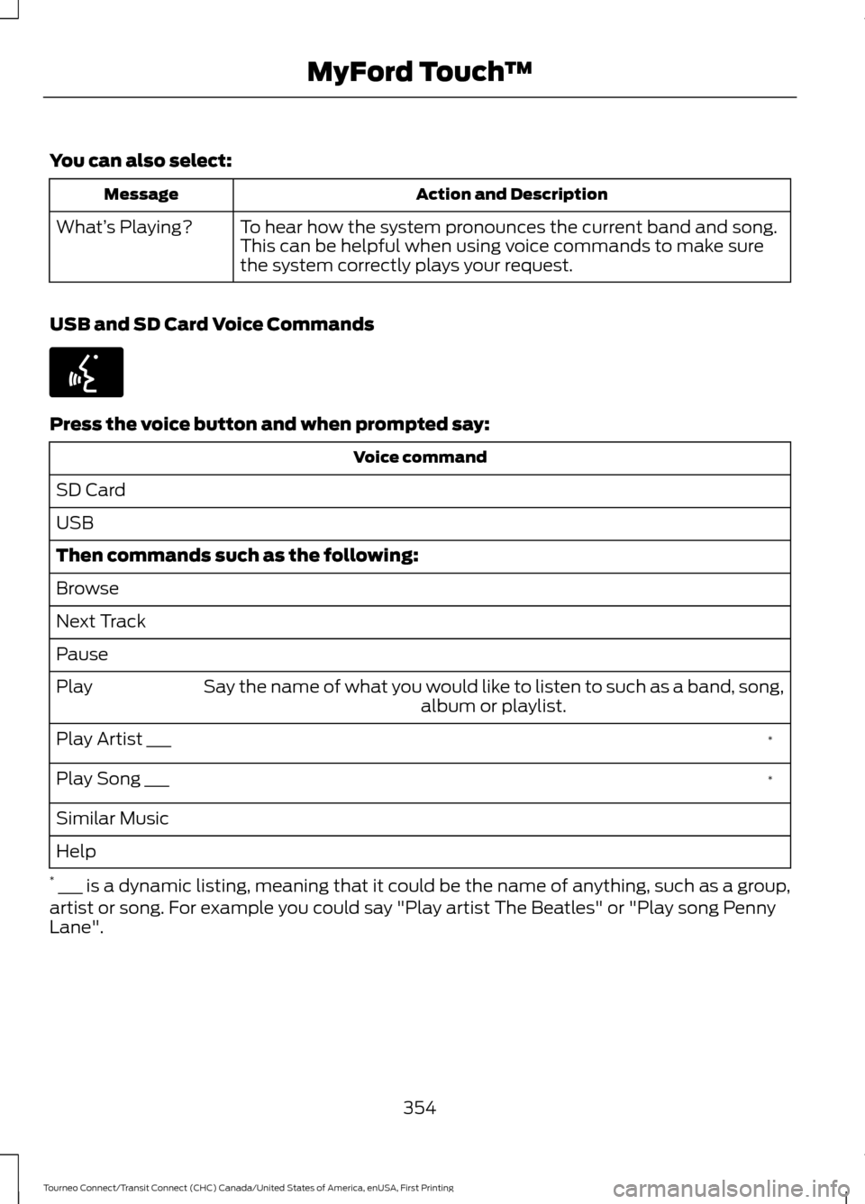 FORD TRANSIT CONNECT 2016 2.G Owners Manual You can also select:
Action and Description
Message
To hear how the system pronounces the current band and song.
This can be helpful when using voice commands to make sure
the system correctly plays y FORD TRANSIT CONNECT 2016 2.G Owners Manual You can also select:
Action and Description
Message
To hear how the system pronounces the current band and song.
This can be helpful when using voice commands to make sure
the system correctly plays y