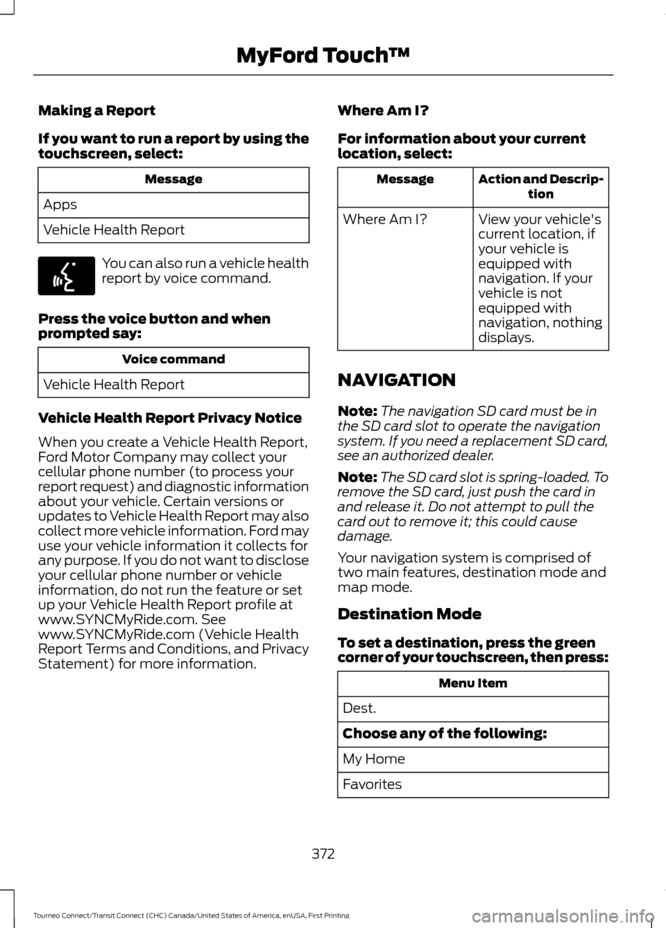 FORD TRANSIT CONNECT 2016 2.G Owners Manual Making a Report
If you want to run a report by using the
touchscreen, select:
Message
Apps
Vehicle Health Report You can also run a vehicle health
report by voice command.
Press the voice button and w FORD TRANSIT CONNECT 2016 2.G Owners Manual Making a Report
If you want to run a report by using the
touchscreen, select:
Message
Apps
Vehicle Health Report You can also run a vehicle health
report by voice command.
Press the voice button and w