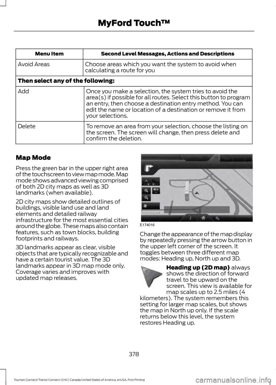 FORD TRANSIT CONNECT 2016 2.G Owners Manual Second Level Messages, Actions and Descriptions
Menu Item
Choose areas which you want the system to avoid when
calculating a route for you
Avoid Areas
Then select any of the following:
Once you make a FORD TRANSIT CONNECT 2016 2.G Owners Manual Second Level Messages, Actions and Descriptions
Menu Item
Choose areas which you want the system to avoid when
calculating a route for you
Avoid Areas
Then select any of the following:
Once you make a