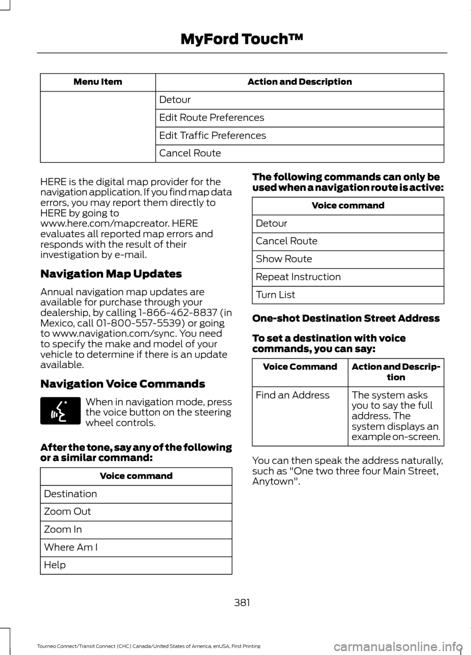 FORD TRANSIT CONNECT 2016 2.G Owners Manual Action and Description
Menu Item
Detour
Edit Route Preferences
Edit Traffic Preferences
Cancel Route
HERE is the digital map provider for the
navigation application. If you find map data
errors, you m FORD TRANSIT CONNECT 2016 2.G Owners Manual Action and Description
Menu Item
Detour
Edit Route Preferences
Edit Traffic Preferences
Cancel Route
HERE is the digital map provider for the
navigation application. If you find map data
errors, you m