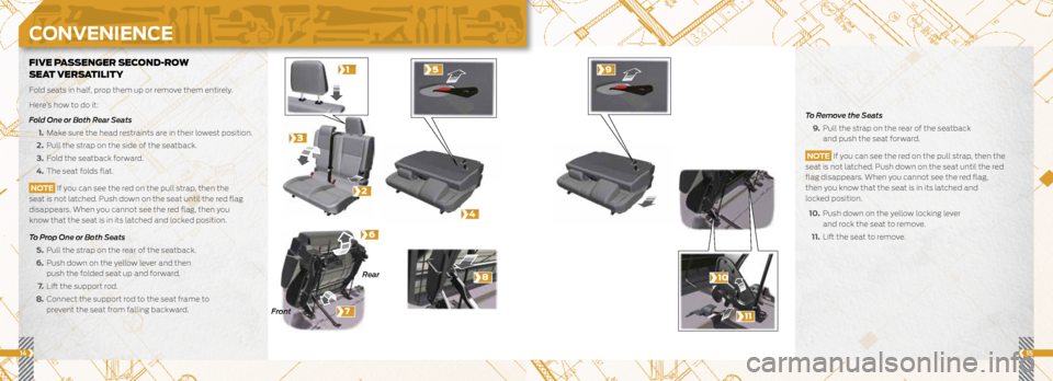 FORD TRANSIT CONNECT 2016 2.G Quick Reference Guide 1415
Front Rear
CONVENIENCE
1
2
5
6
3
4
7
8
9
10
11
FIVE PASSENGER SECOND-ROW
SEAT VERSATILITY
Fold seats in half, prop them up or remove them entirely.
Here’s how to do it:
Fold One or Bot FORD TRANSIT CONNECT 2016 2.G Quick Reference Guide 1415
Front Rear
CONVENIENCE
1
2
5
6
3
4
7
8
9
10
11
FIVE PASSENGER SECOND-ROW
SEAT VERSATILITY
Fold seats in half, prop them up or remove them entirely.
Here’s how to do it:
Fold One or Bot